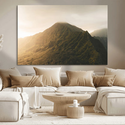 42338636-MGV-CV-36X24-Golden Mountain Wall Art Canvas Print, Framed Misty Summit Art Picture Print, Rugged Landscape Perfect Moody Wilderness Decor