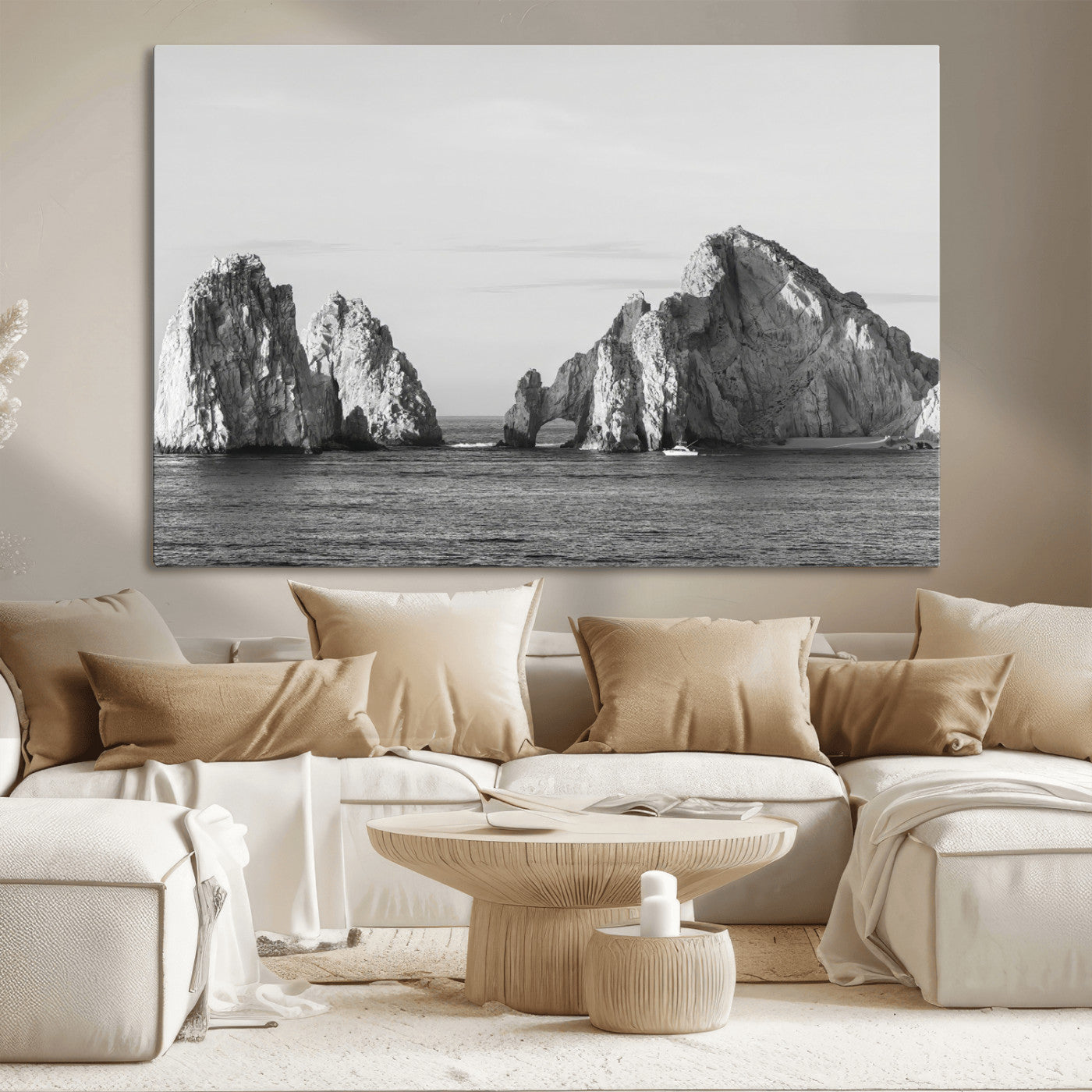 18810731-MGV-CV-36X24-Rugged Coastline Wall Art Canvas Print, Framed Ocean Cliffs Art Picture Print, Monochrome Seascape Perfect Coastal Minimalist