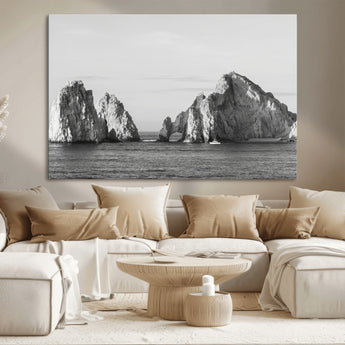 18810731-MGV-CV-36X24-Rugged Coastline Wall Art Canvas Print, Framed Ocean Cliffs Art Picture Print, Monochrome Seascape Perfect Coastal Minimalist