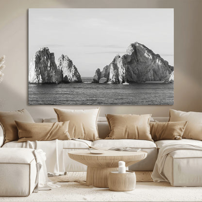 18810731-MGV-CV-36X24-Rugged Coastline Wall Art Canvas Print, Framed Ocean Cliffs Art Picture Print, Monochrome Seascape Perfect Coastal Minimalist