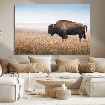 99620201-MGV-CV-36X24-Wild Bison Wall Art Canvas Print, Framed Bison in Prairie Art Picture Print, Rustic Western Perfect Rustic Western Decor Artwork