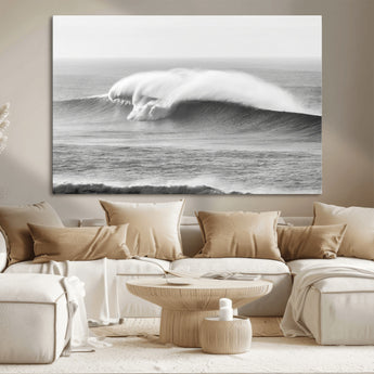 42544082-MGV-CV-36X24-Monochrome Seascape Wall Art Canvas Print, Framed Surf Wave Art Picture Print, Minimalist Ocean Perfect Moody Coastal Decor