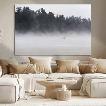 59703275-MGV-CV-36X24-Surfer in Fog Wall Art Canvas Print, Framed Foggy Beach Art Picture Print, Coastal Surf Perfect Moody Coastal Decor Artwork