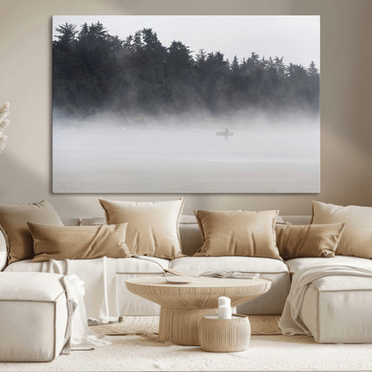 59703275-MGV-CV-36X24-Surfer in Fog Wall Art Canvas Print, Framed Foggy Beach Art Picture Print, Coastal Surf Perfect Moody Coastal Decor Artwork