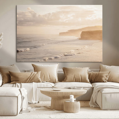 57669769-MGV-CV-36X24-Misty Coastal Wall Art Canvas Print, Framed Golden Sunset Art Picture Print, Serene Shoreline Perfect Tranquil Coastal Decor