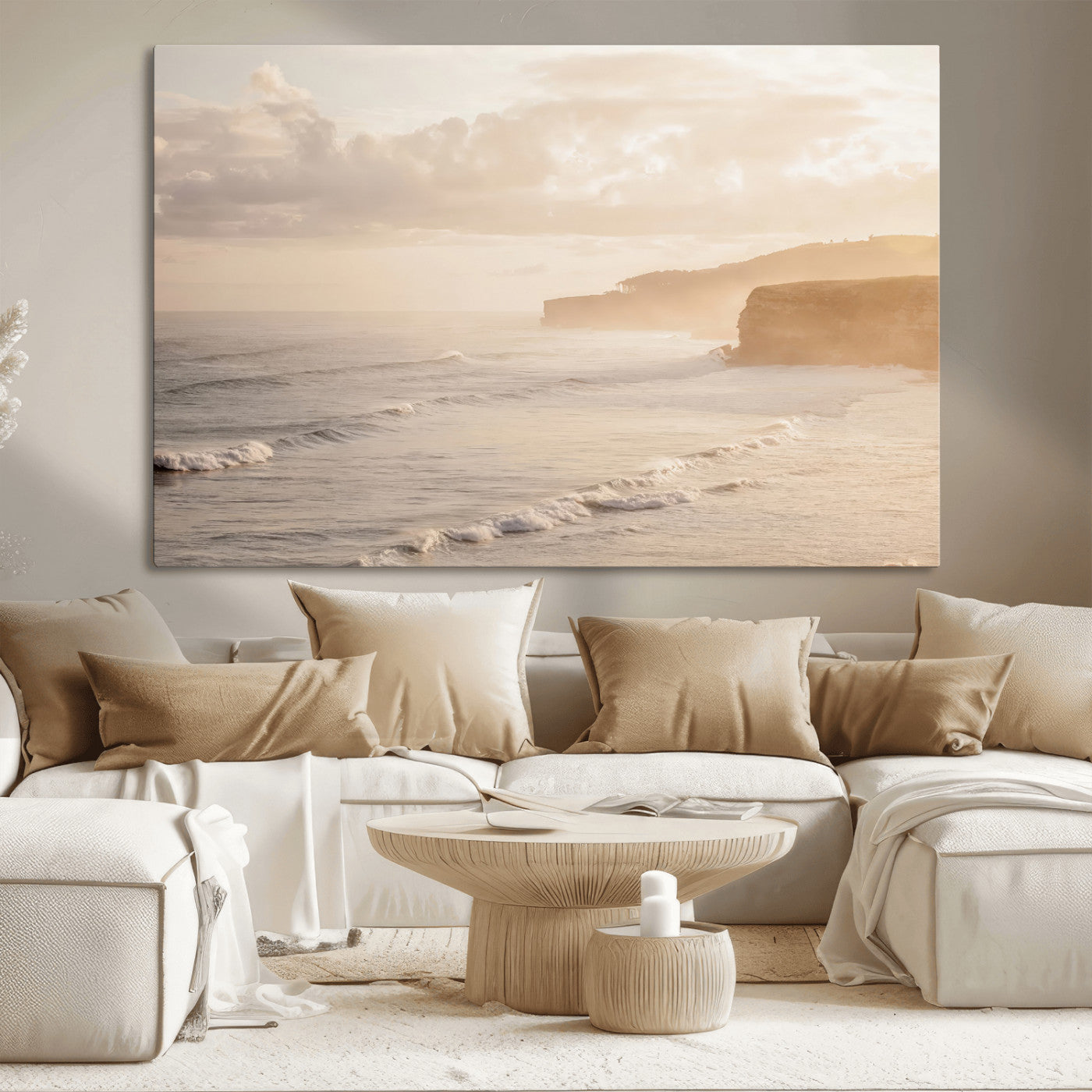 57669769-MGV-CV-36X24-Misty Coastal Wall Art Canvas Print, Framed Golden Sunset Art Picture Print, Serene Shoreline Perfect Tranquil Coastal Decor