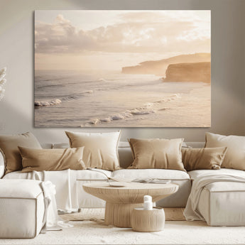 57669769-MGV-CV-36X24-Misty Coastal Wall Art Canvas Print, Framed Golden Sunset Art Picture Print, Serene Shoreline Perfect Tranquil Coastal Decor