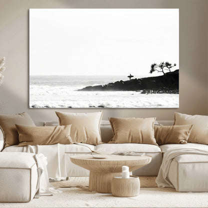 40875891-MGV-CV-36X24-SurferCliffs Wall Art Canvas Print, Framed Black White Beach Art Picture Print, Ocean Waves Perfect Minimalist Coastal Decor
