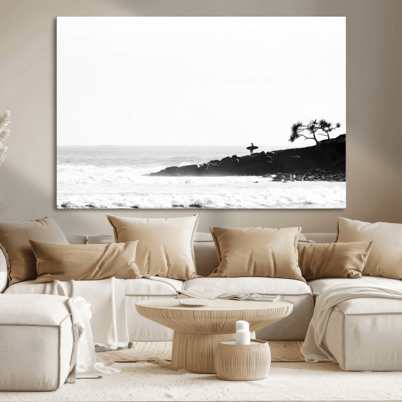 40875891-MGV-CV-36X24-SurferCliffs Wall Art Canvas Print, Framed Black White Beach Art Picture Print, Ocean Waves Perfect Minimalist Coastal Decor