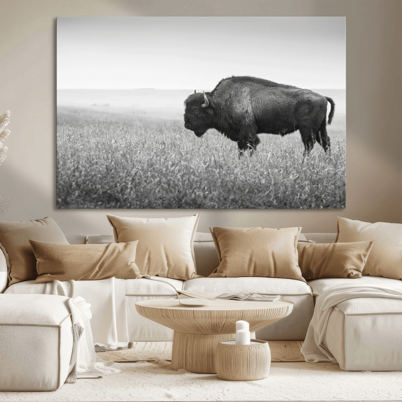 28435251-MGV-CV-36X24-Bison In Prairie Wall Art Canvas Print, Framed Rustic Wildlife Art Picture Print, Wild Buffalo Perfect Rustic Western Decor