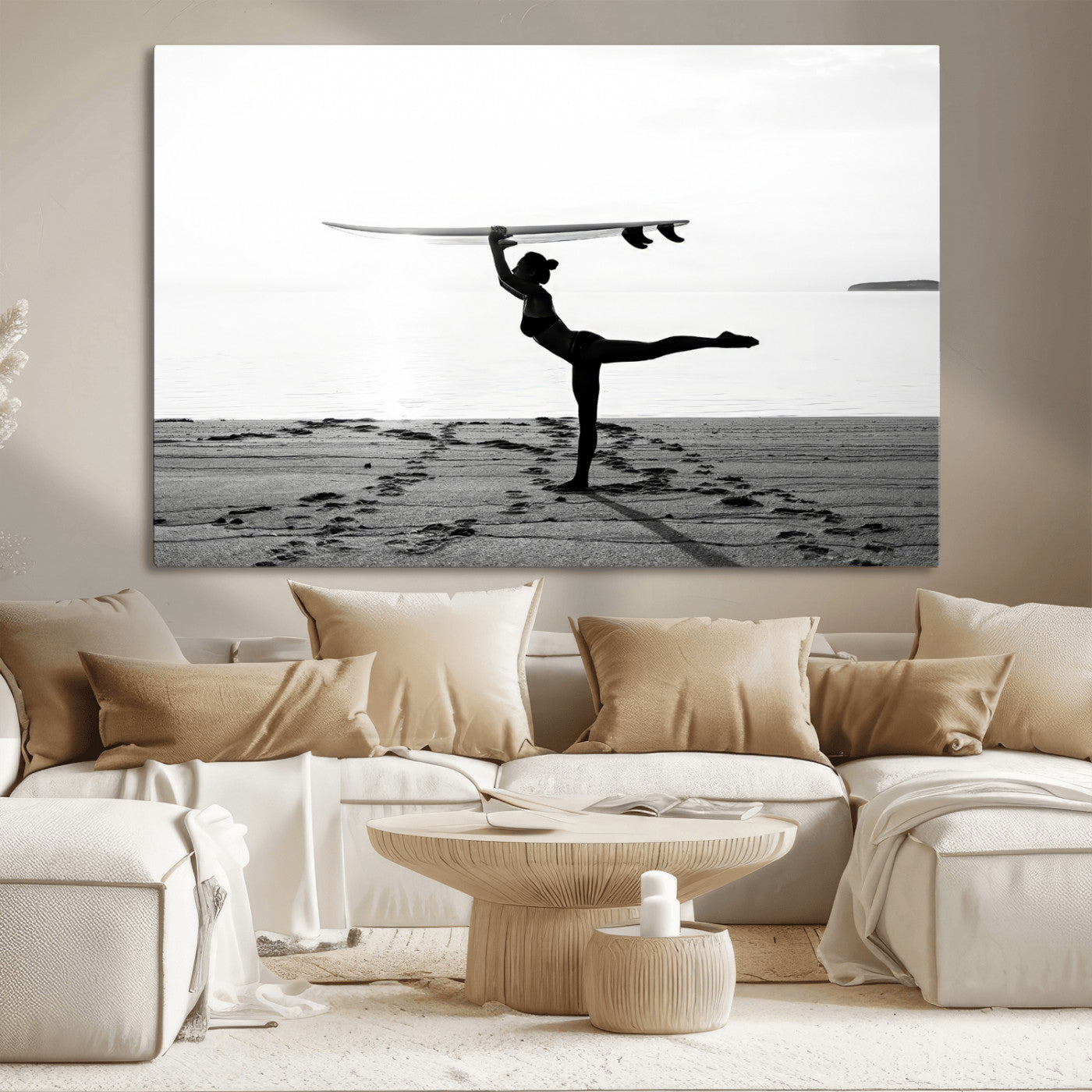 28441356-MGV-CV-36X24-Yoga Surf Wall Art Canvas Print, Framed Black White Shore Art Picture Print, Peaceful Ocean Perfect Minimalist Coastal Decor