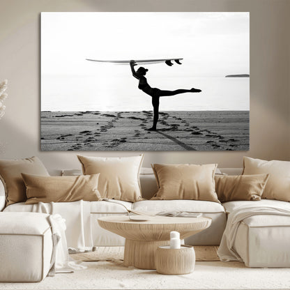 28441356-MGV-CV-36X24-Yoga Surf Wall Art Canvas Print, Framed Black White Shore Art Picture Print, Peaceful Ocean Perfect Minimalist Coastal Decor
