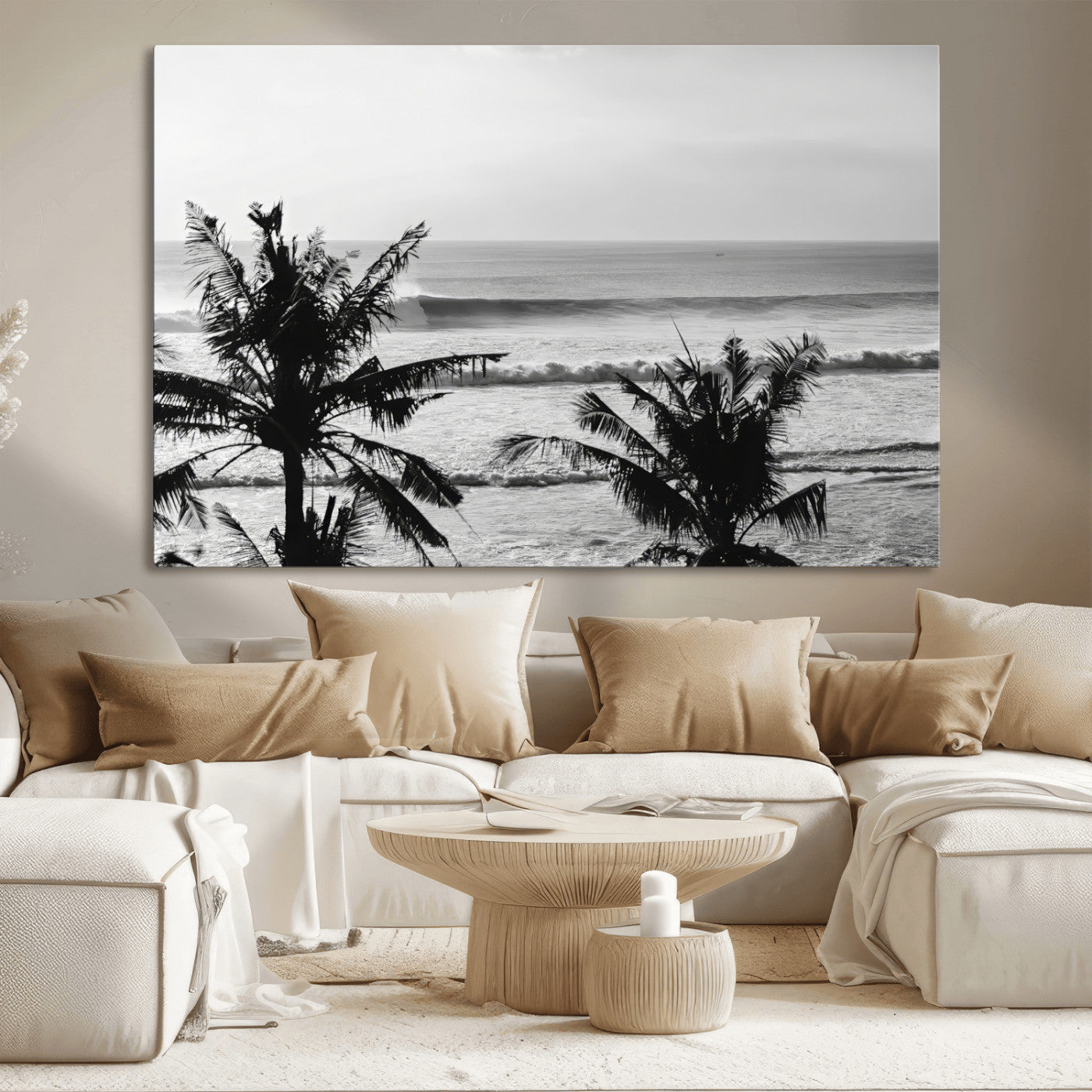 17508038-MGV-CV-36X24-Tropical Coastline Wall Art Canvas Print, Framed Palm Trees Art Picture Print, Ocean Waves Perfect Minimalist Coastal Decor