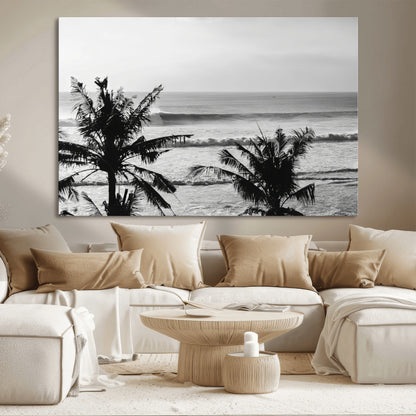 17508038-MGV-CV-36X24-Tropical Coastline Wall Art Canvas Print, Framed Palm Trees Art Picture Print, Ocean Waves Perfect Minimalist Coastal Decor
