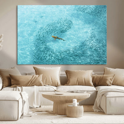 43671474-MGV-CV-36X24-Fish Swarm Wall Art Canvas Print, Framed Marine Life Art Picture Print, Shark Aerial Perfect Wildlife Coastal Decor Artwork