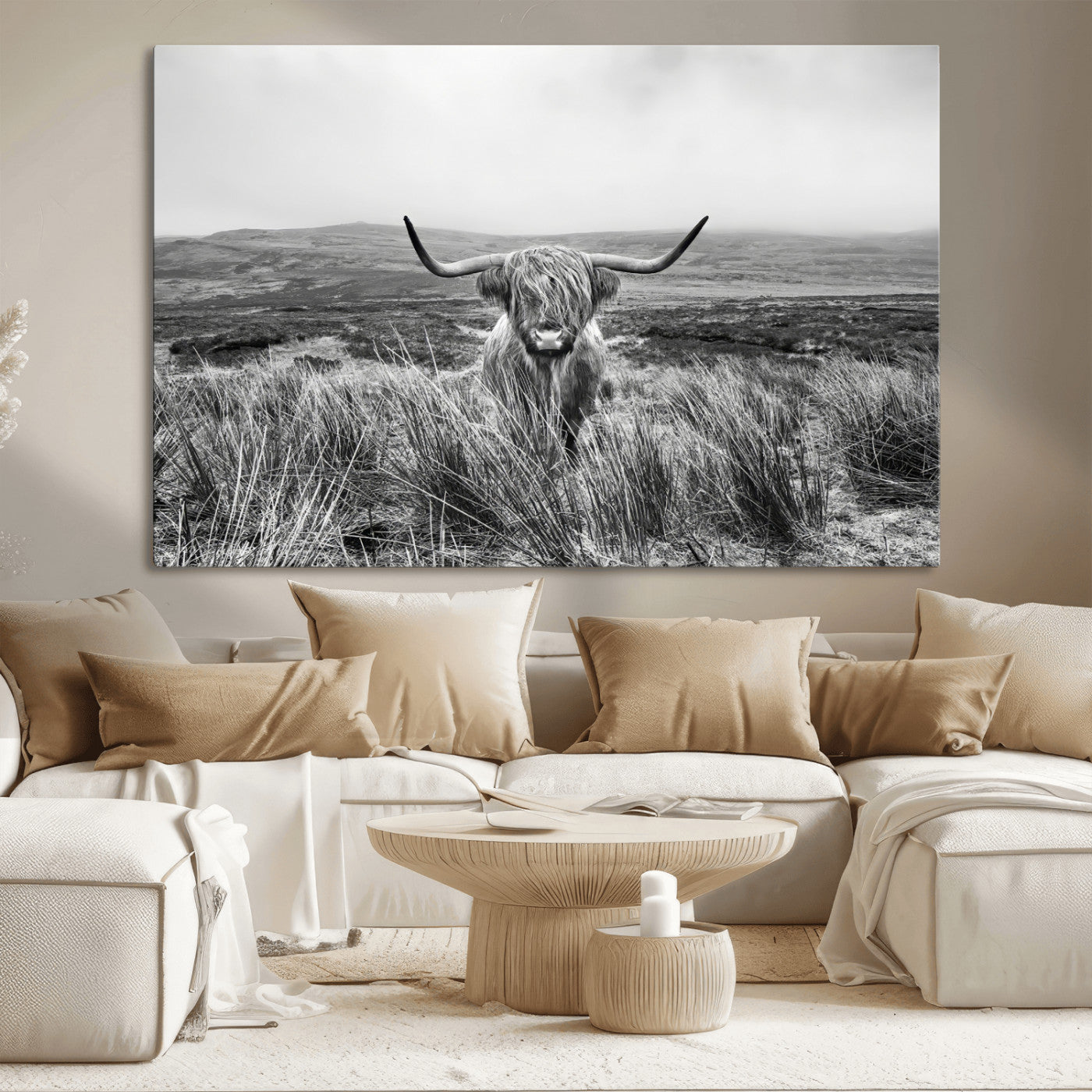 24051061-MGV-CV-36X24-Monochrome Highland Cow Wall Art Canvas Print, Framed Scottish Bull Art Picture Print, Lone Cattle Perfect Rustic Farmhouse Decor