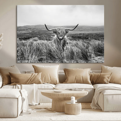 24051061-MGV-CV-36X24-Monochrome Highland Cow Wall Art Canvas Print, Framed Scottish Bull Art Picture Print, Lone Cattle Perfect Rustic Farmhouse Decor