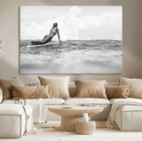 69798068-MGV-CV-36X24-Black White Surfing Wall Art Canvas Print, Framed Ocean Horizon Art Picture Print, Surfer Girl Perfect Coastal Adventure Decor