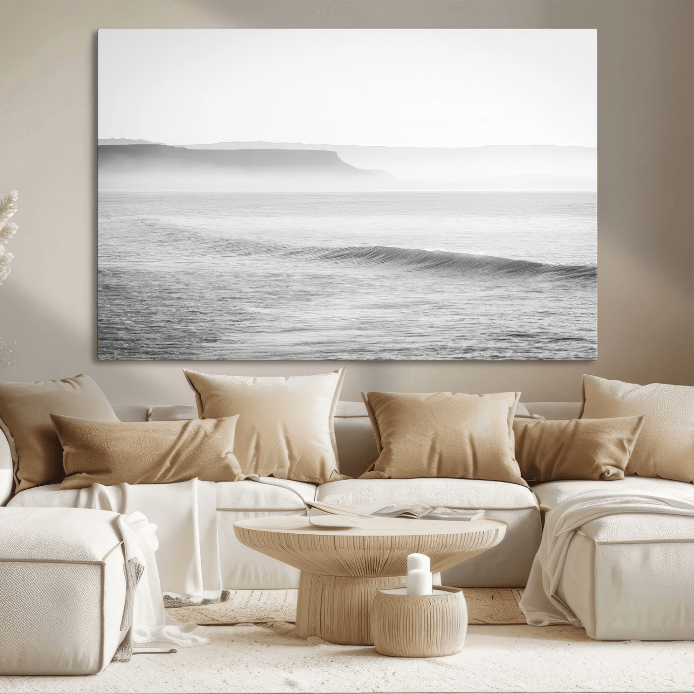 60635783-MGV-CV-36X24-Black White Seascape Wall Art Canvas Print, Framed Ocean Waves Art Picture Print, Misty Coastal Perfect Minimalist Coastal Decor