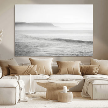 60635783-MGV-CV-36X24-Black White Seascape Wall Art Canvas Print, Framed Ocean Waves Art Picture Print, Misty Coastal Perfect Minimalist Coastal Decor