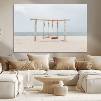 68327283-MGV-CV-36X24-Beach Swing Wall Art Canvas Print, Framed Quiet Beach Art Picture Print, Calm Shoreline Perfect Bohemian Coastal Decor Artwork