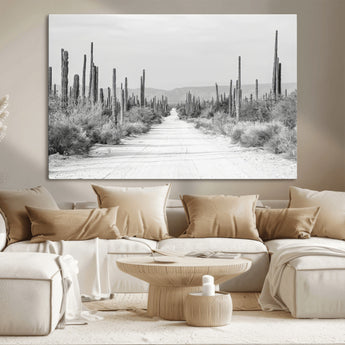 35537313-MGV-CV-36X24-Monochrome Desert Wall Art Canvas Print, Framed Cactus Path Art Picture Print, Southwestern Landscape Perfect Southwestern