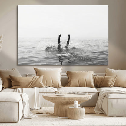 26667396-MGV-CV-36X24-Black White Ocean Wall Art Canvas Print, Framed Monochrome Water Art Picture Print, Diving into Water Perfect Minimalist Aquatic