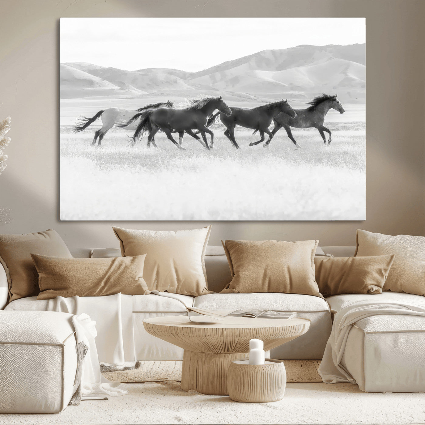69934913-MGV-CV-36X24-Wild Horses Running Wall Art Canvas Print, Framed Black White Mustangs Art Picture Print, Rustic Western Perfect Rustic Western