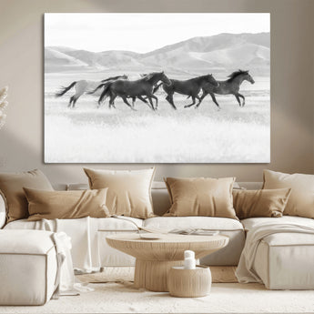 69934913-MGV-CV-36X24-Wild Horses Running Wall Art Canvas Print, Framed Black White Mustangs Art Picture Print, Rustic Western Perfect Rustic Western
