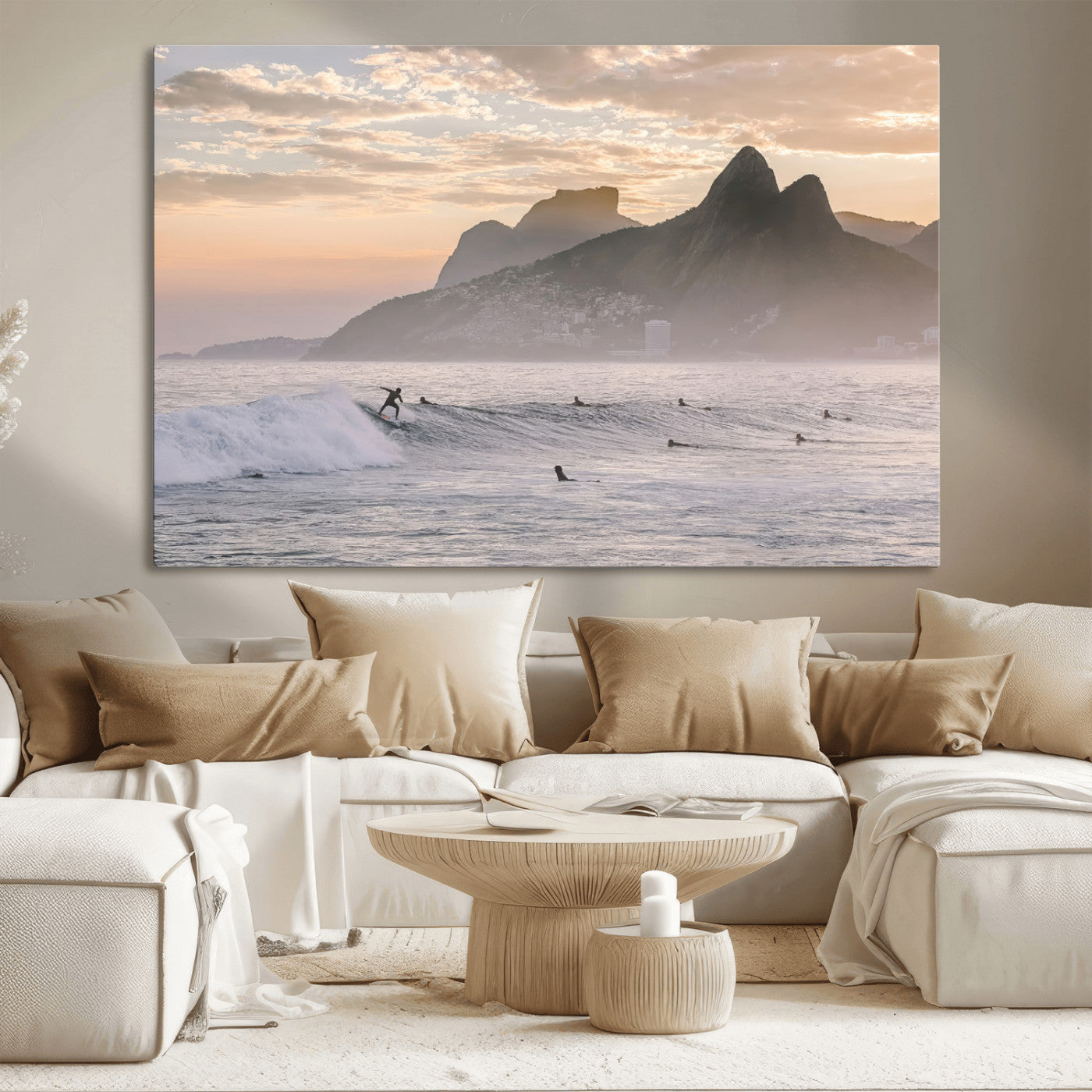 70644906-MGV-CV-36X24-Sunset Surfing Wall Art Canvas Print, Framed Misty Mountains Art Picture Print, Surfer Riding Wave Perfect Coastal Adventure Decor