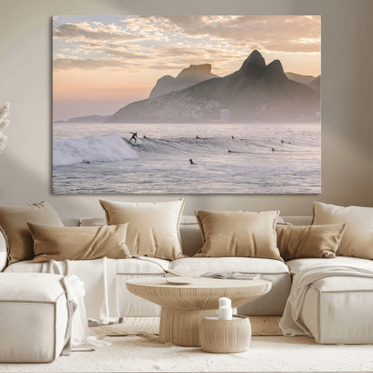 70644906-MGV-CV-36X24-Sunset Surfing Wall Art Canvas Print, Framed Misty Mountains Art Picture Print, Surfer Riding Wave Perfect Coastal Adventure Decor