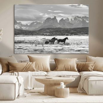 21655040-MGV-CV-36X24-Wild Horses Wall Art Canvas Print, Framed Black White Mountains Art Picture Print, Rustic Countryside Perfect Rustic Western Decor
