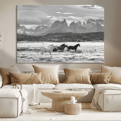 21655040-MGV-CV-36X24-Wild Horses Wall Art Canvas Print, Framed Black White Mountains Art Picture Print, Rustic Countryside Perfect Rustic Western Decor