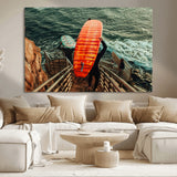 84555848-MGV-CV-36X24-Surfer Stairway Wall Art Canvas Print, Framed Ocean Surf Art Picture Print, Sunset Coastal Perfect Coastal Adventure Decor Artwork
