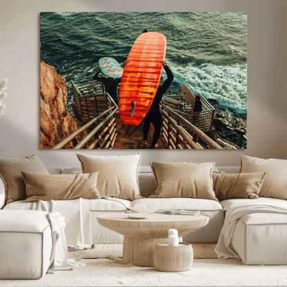 84555848-MGV-CV-36X24-Surfer Stairway Wall Art Canvas Print, Framed Ocean Surf Art Picture Print, Sunset Coastal Perfect Coastal Adventure Decor Artwork