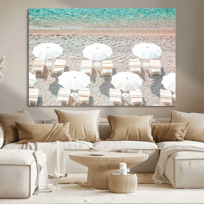 83736167-MGV-CV-36X24-Calm Beach Wall Art Canvas Print, Framed Turquoise Water Art Picture Print, Umbrella Shoreline Perfect Coastal Minimalist Decor
