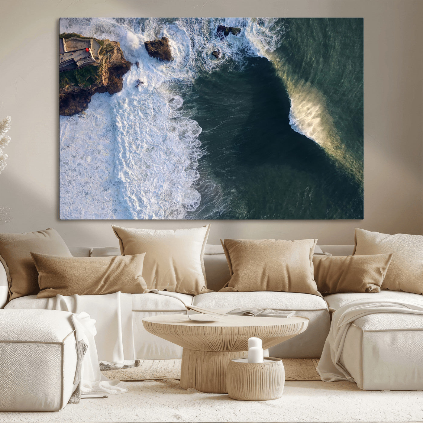 37405684-MGV-CV-36X24-Nazaré Coast Wall Art Canvas Print, Framed Aerial Ocean Art Picture Print, Coastal Fortress Perfect Dramatic Coastal Decor Artwork