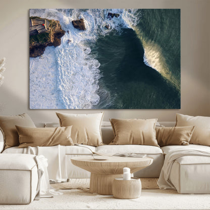 37405684-MGV-CV-36X24-Nazaré Coast Wall Art Canvas Print, Framed Aerial Ocean Art Picture Print, Coastal Fortress Perfect Dramatic Coastal Decor Artwork