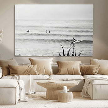 33821421-MGV-CV-36X24-Surfer Silhouette Wall Art Canvas Print, Framed Calm Ocean Art Picture Print, Monochrome Surf Perfect Minimalist Coastal Decor
