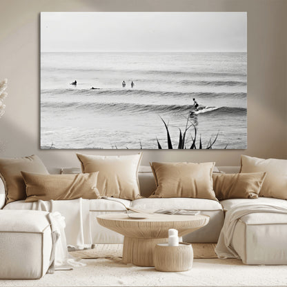 33821421-MGV-CV-36X24-Surfer Silhouette Wall Art Canvas Print, Framed Calm Ocean Art Picture Print, Monochrome Surf Perfect Minimalist Coastal Decor