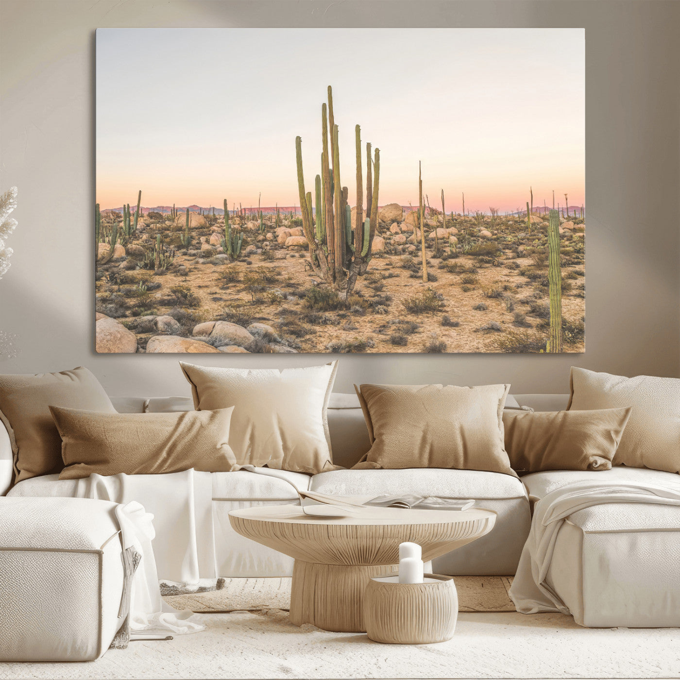 76234974-MGV-CV-36X24-Desert Cactus Wall Art Canvas Print, Framed Baja Desert Art Picture Print, Pastel Desert Perfect Southwestern Boho Decor Artwork