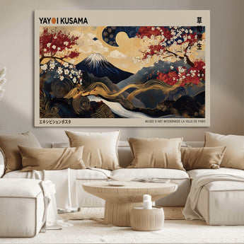 54967195-MGV-CV-36X24-Mount Fuji Wall Art – Japanese Cherry Blossom Abstract Canvas Print, Navy Gold Landscape Painting, Oriental Luxury Home Decor