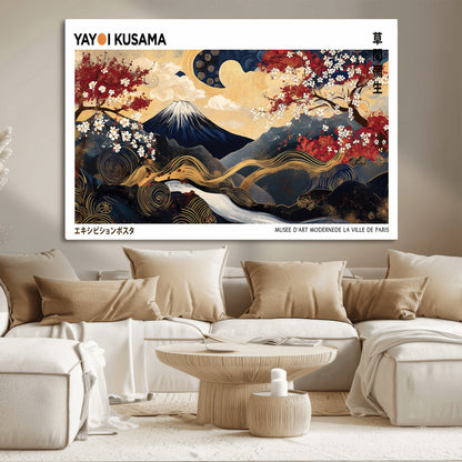 66243961-MGV-CV-36X24-Mount Fuji Japanese Wall Art – Golden Abstract Landscape Canvas Print, Cherry Blossom Painting, Modern Oriental Zen Home Decor