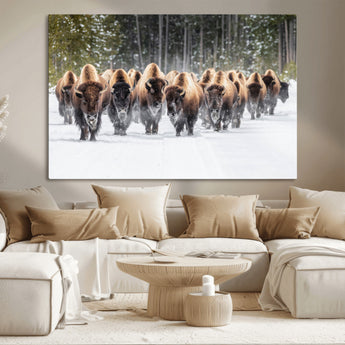 22695857-MGV-CV-36X24-Bison Herd Scene Wall Art Canvas Print, Framed Western Wildlife Art Picture Print, Rustic Animal Art Perfect Rustic Lodge Decor