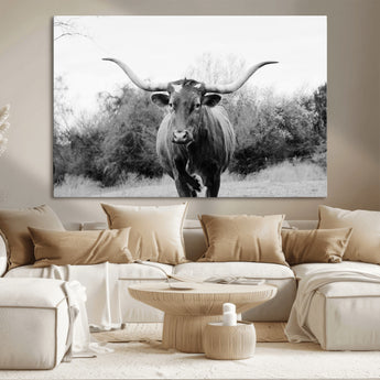 97280319-MGV-CV-36X24-Longhorn Photography Wall Art Canvas Print, Framed Western Cow Decor Art Picture Print, Texas Ranch Style Perfect Rustic Farmhouse