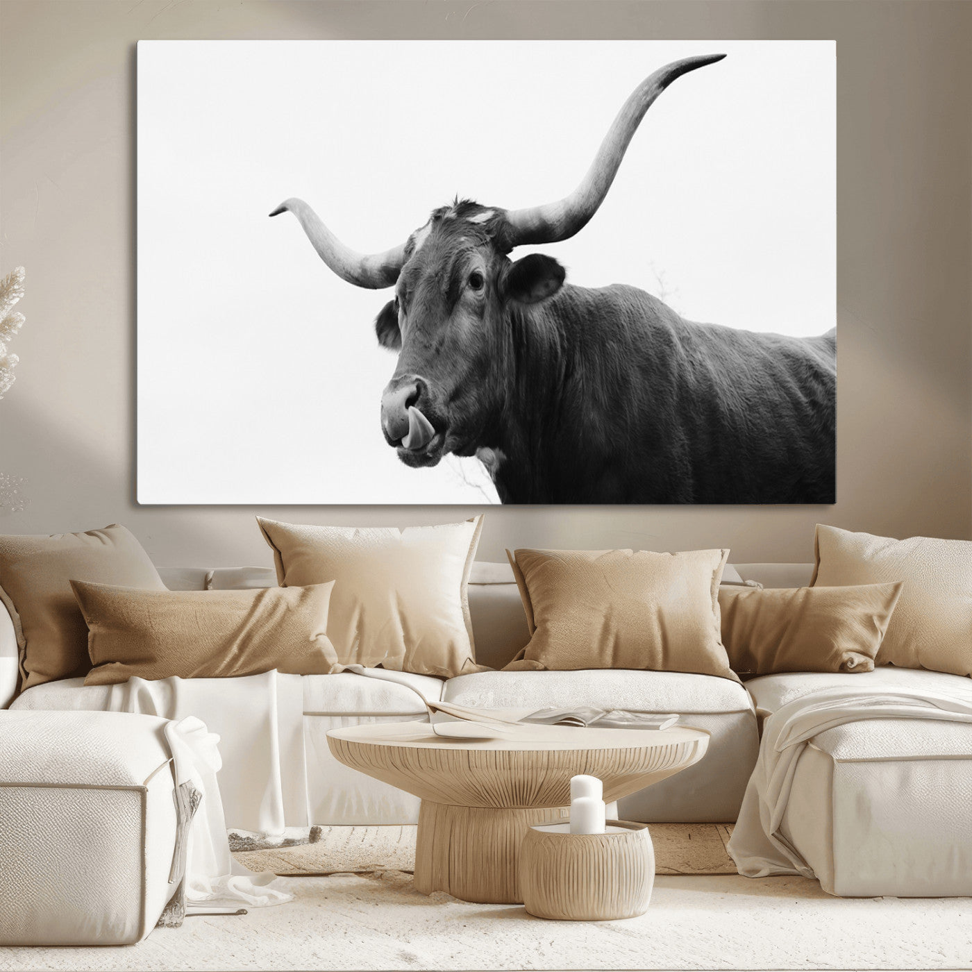99244177-MGV-CV-36X24-Longhorn Photography Wall Art Canvas Print, Framed Western Cow Decor Art Picture Print, Black White Bull Perfect Modern Rustic
