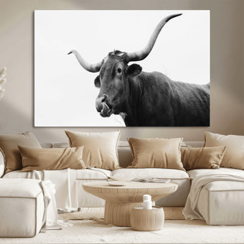 99244177-MGV-CV-36X24-Longhorn Photography Wall Art Canvas Print, Framed Western Cow Decor Art Picture Print, Black White Bull Perfect Modern Rustic