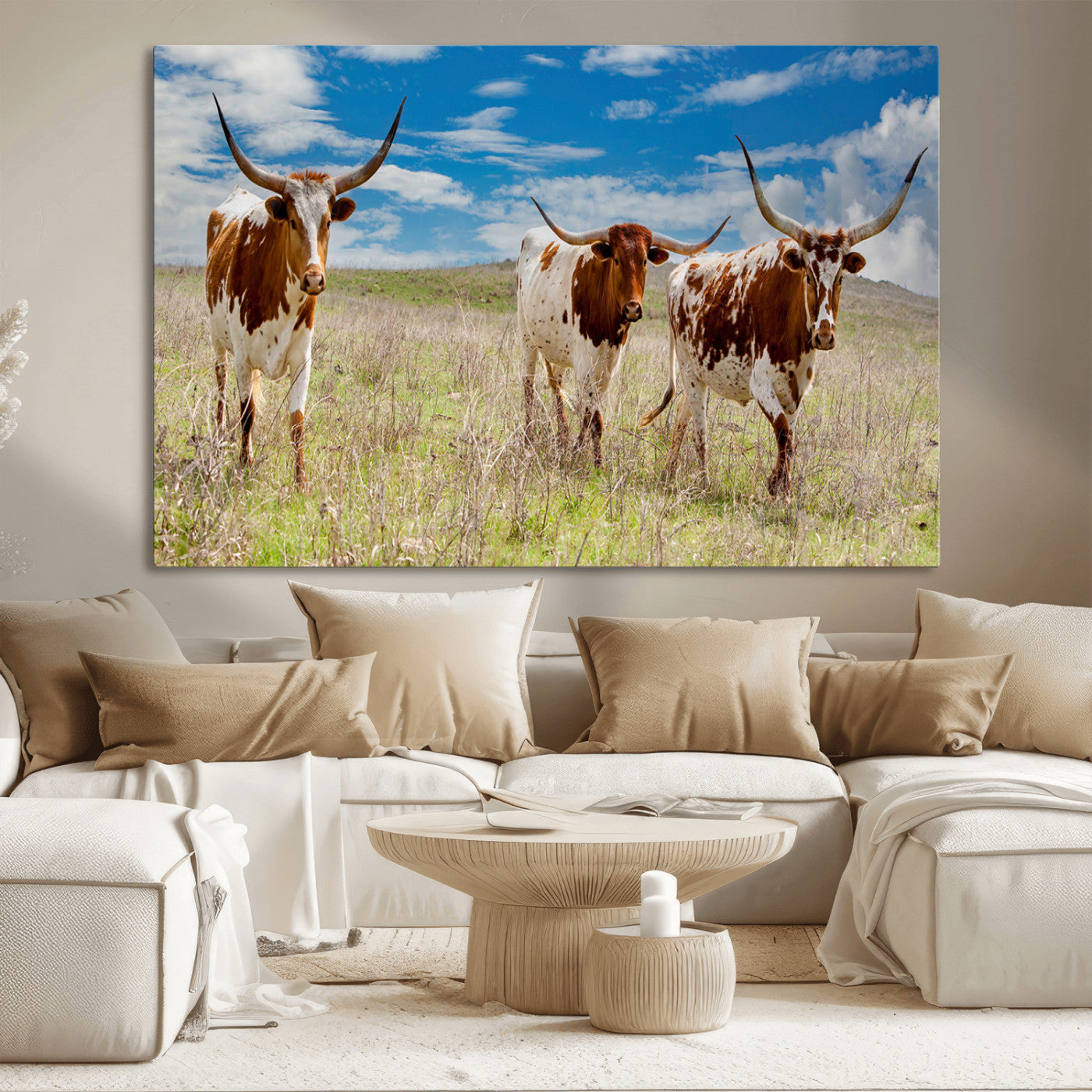 58099948-MGV-CV-36X24-Texas Longhorn Wall Art Canvas Print, Framed Western Decor Art Picture Print, Rustic Farmhouse Perfect Western Farmhouse Decor
