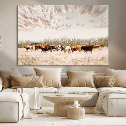 57389417-MGV-CV-36X24-Cow Herd Photography Wall Art Canvas Print, Framed Rustic Farmhouse Decor Art Picture Print, Western Ranch Style Perfect Rustic