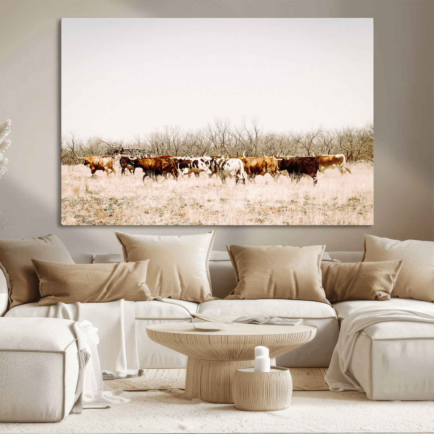 12454132-MGV-CV-36X24-Cow Herd Photography Wall Art Canvas Print, Framed Rustic Farmhouse Decor Art Picture Print, Western Ranch Style Perfect Rustic